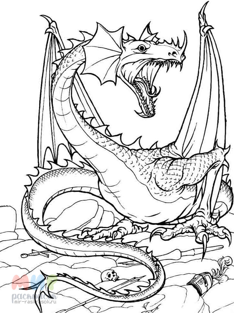 Раскраска дракон с крыльями для детей распечатать