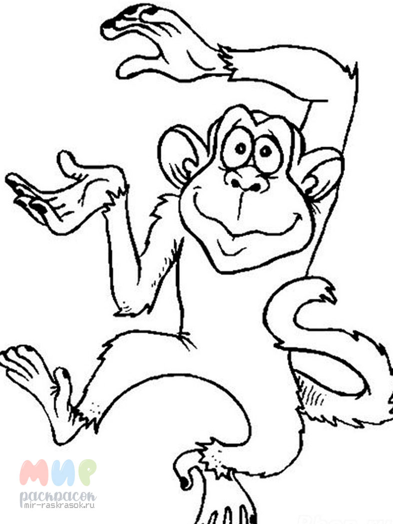 Раскраска обезьянка Персонаж из мультфильма. Обезьянка веселится